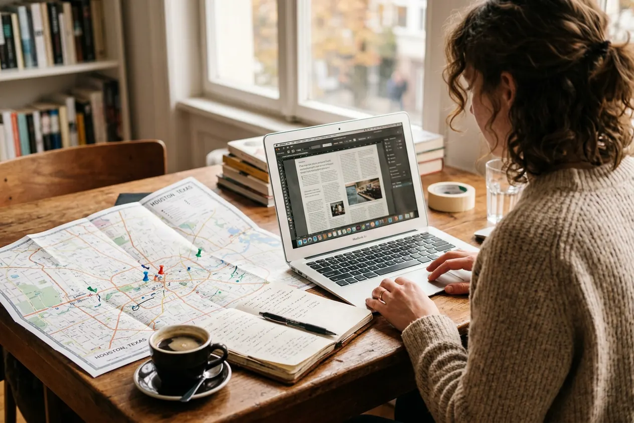 An editor's desk with a laptop, a printed Houston street map with colored pins, a notebook and coffee