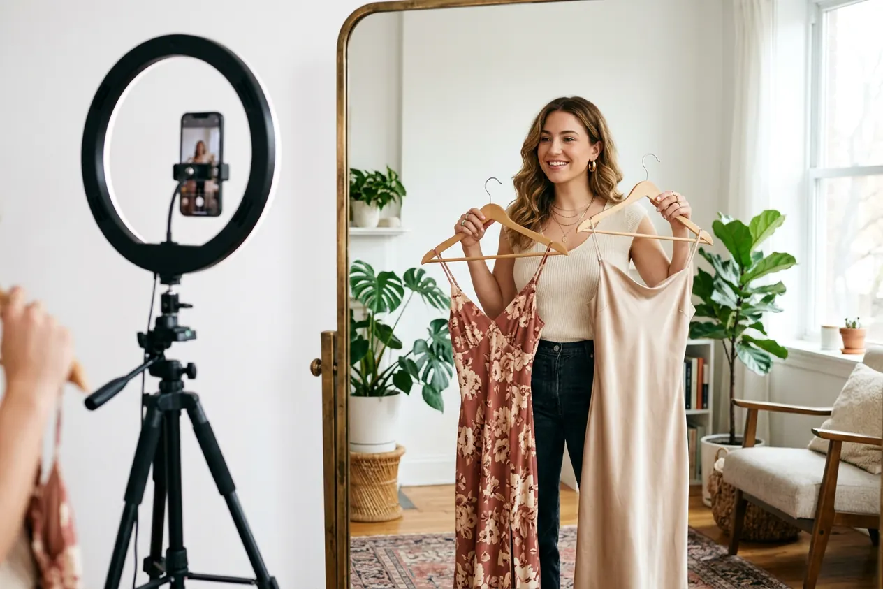 A young woman choosing between two dresses in front of a mirror, a ring light and a phone on a tripod nearby