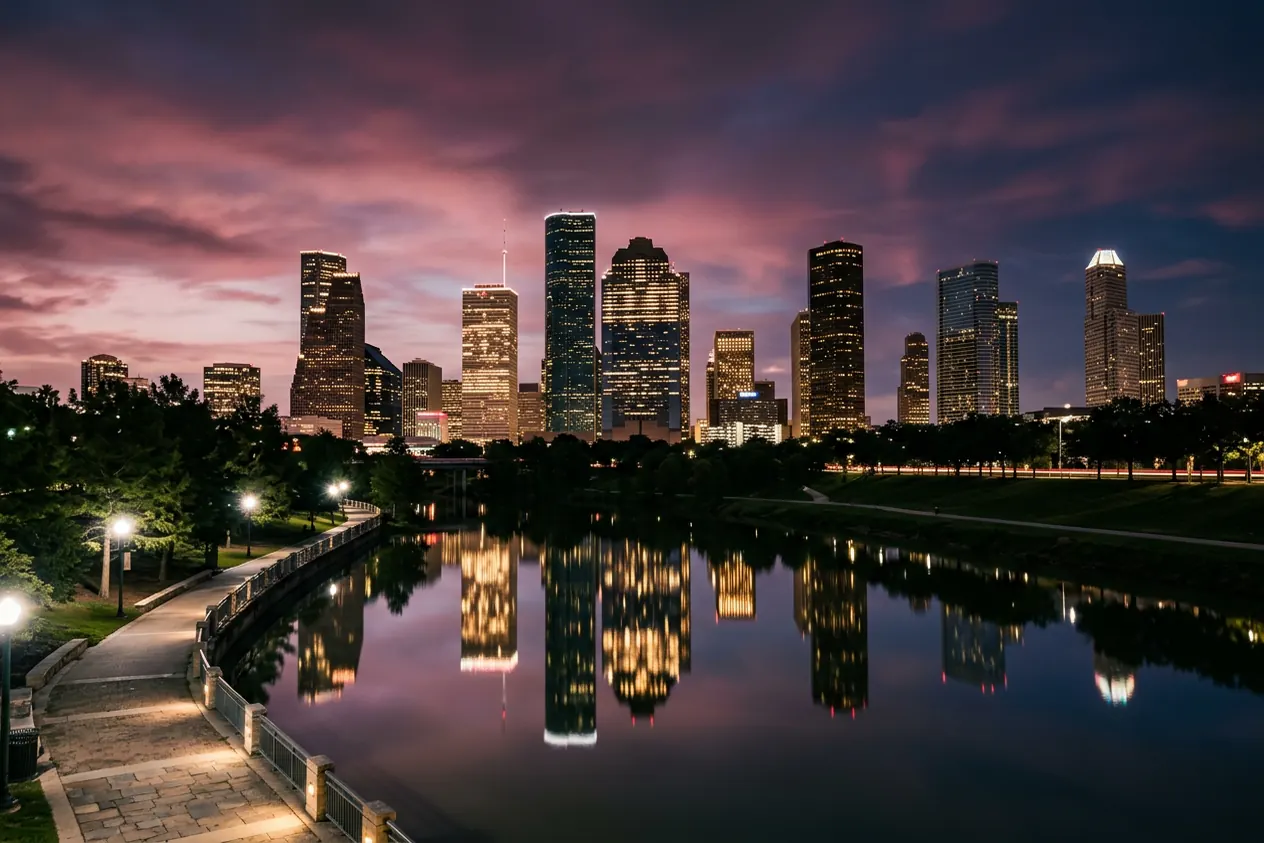 Houston skyline at night reflected in the calm water of Buffalo Bayou