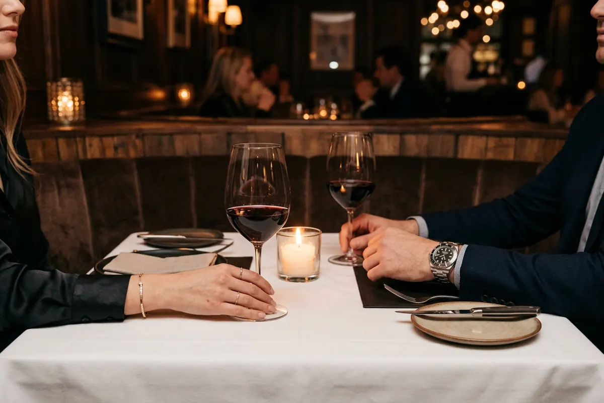 Illustration: two glasses of red wine on a white tablecloth, a bracelet and a watch across the table