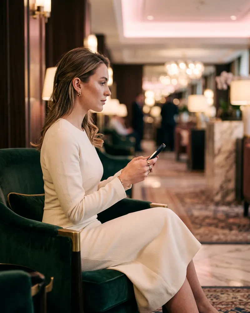 Illustration: a woman in a cream dress checking her phone in a hotel lobby