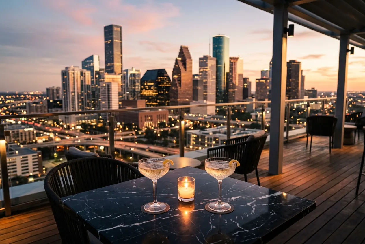 Houston skyline at blue hour seen from a rooftop terrace, two champagne coupes on a marble table