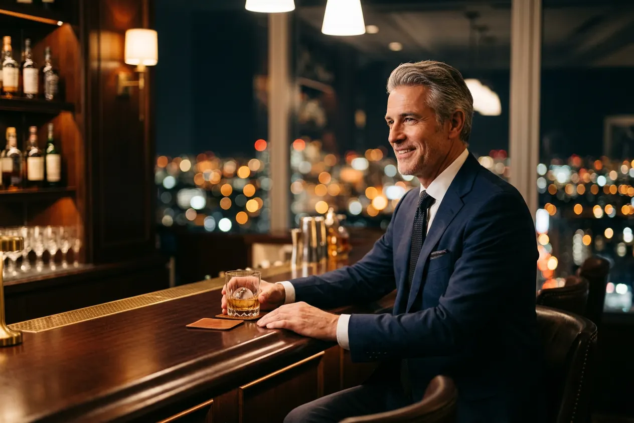 A silver-haired man in a navy suit smiling at a hotel bar at night, city lights blurred behind him