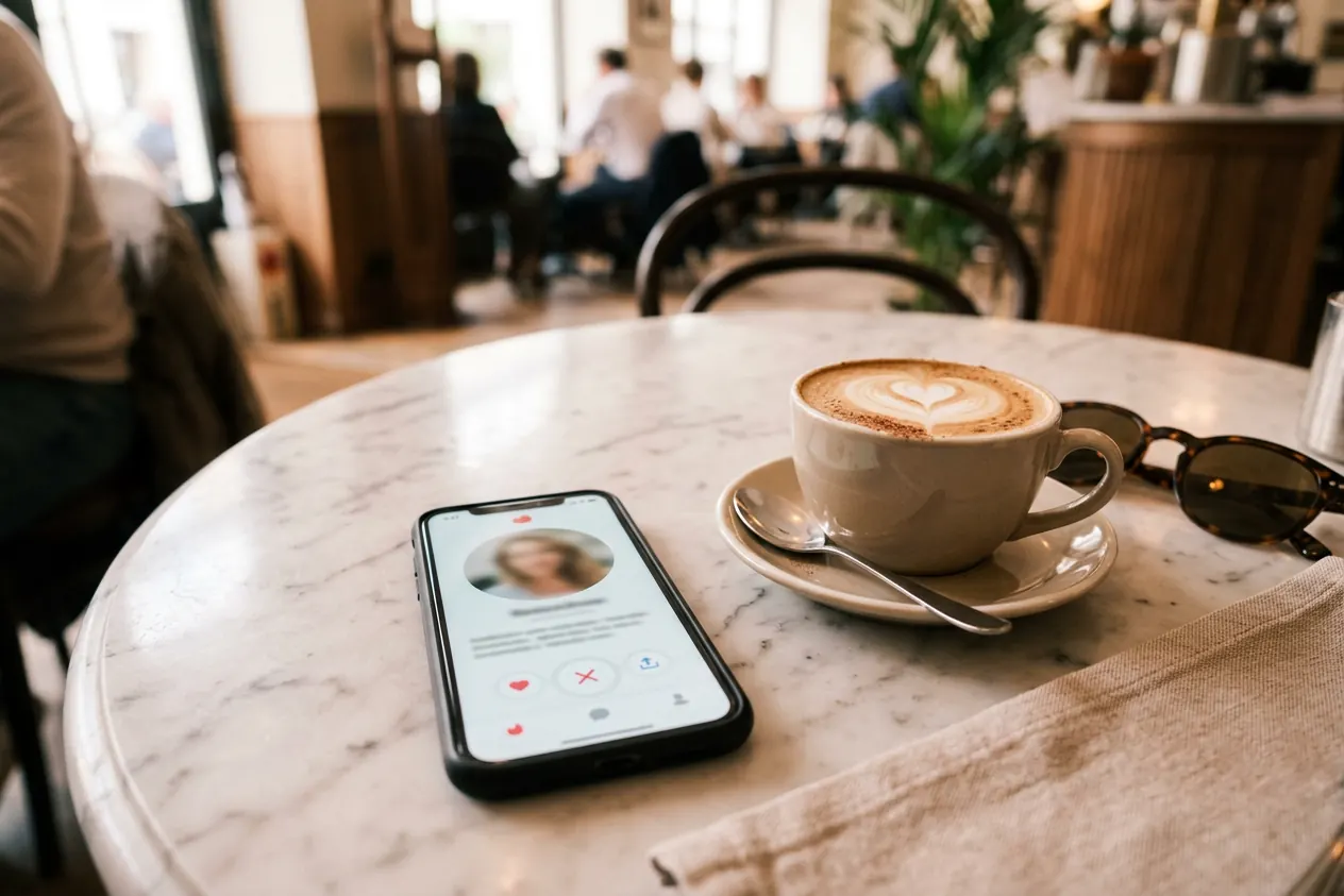 A smartphone showing a dating profile on a marble café table next to a cappuccino