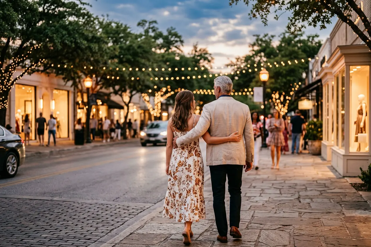 An older man and a young woman walking arm in arm along a boutique street at dusk