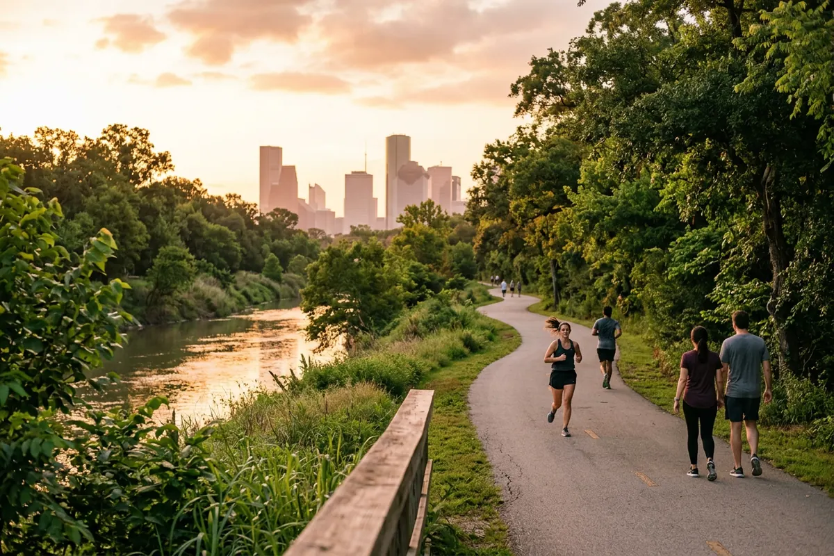 A trail along a green bayou park at golden hour with the downtown skyline in the distance