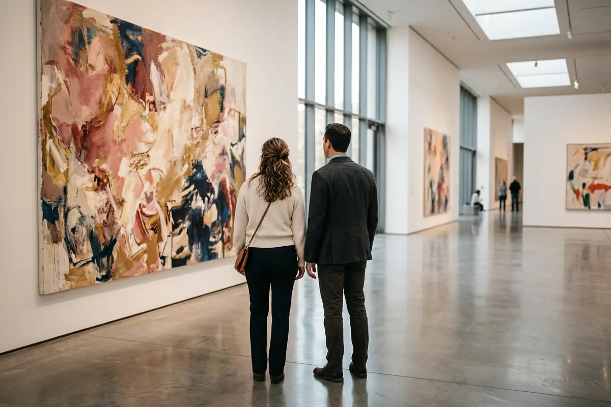 Two people looking at large abstract paintings in a bright museum gallery
