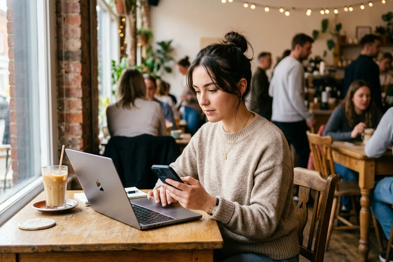 A young woman in a busy café in daytime checking her phone, a laptop and iced coffee on the table