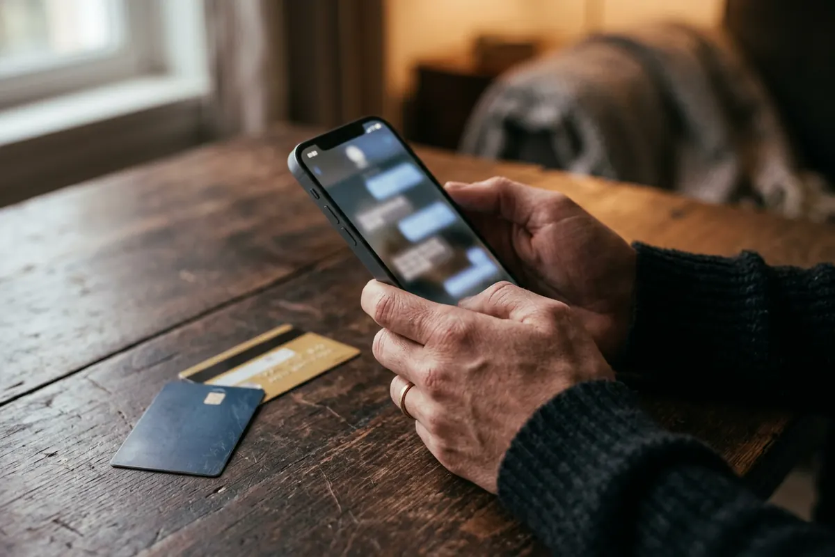 Hands holding a phone with a blurred chat, a bank card and a gift card on the table