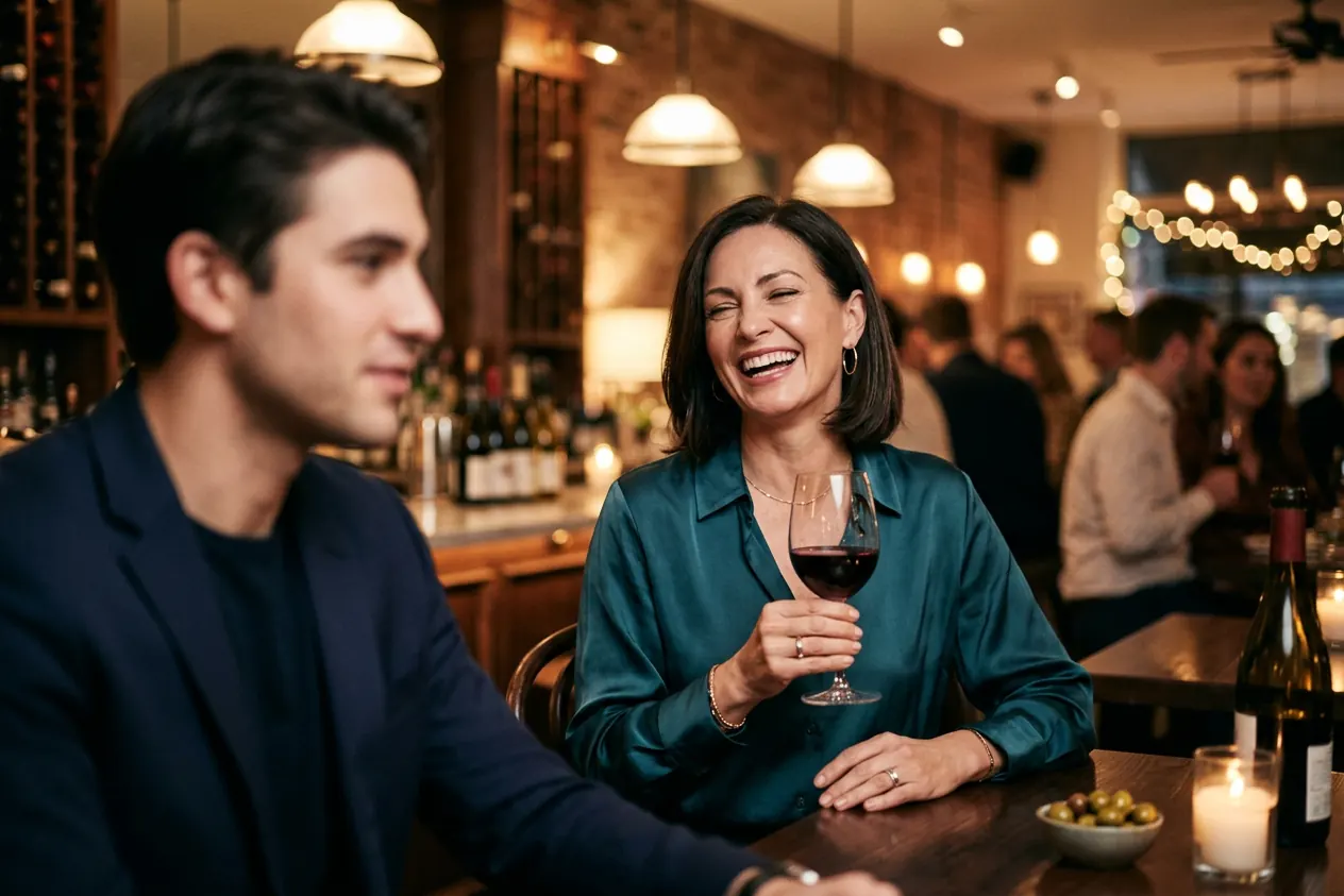 A woman in her forties laughing with a glass of red wine at a wine bar, a younger man beside her